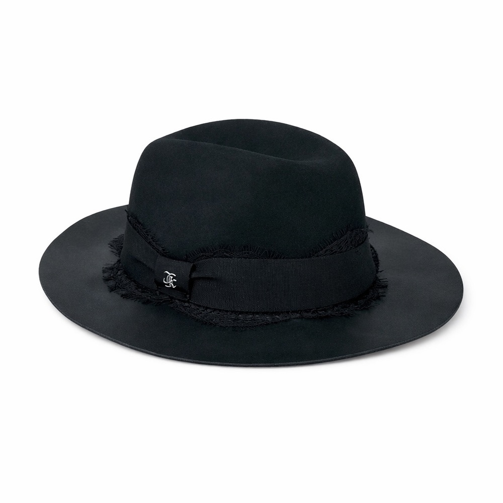 THE KOOPLES Black Felt Fedora Leather Brim Lace Ribbon Detail Hat